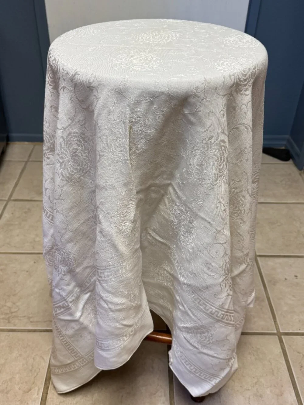 Damask Linen tablecloth 4' x 4' white vintage mid century